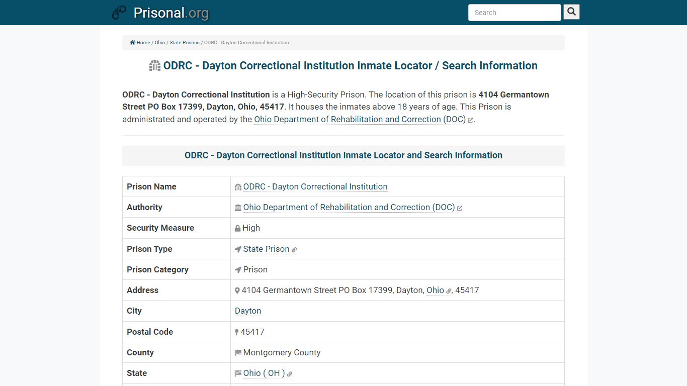 ODRC - Dayton Correctional Institution-Inmate Locator ...